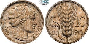 obverse: Regno d Italia, Vittorio Emanuele III (1900-1943), 10 Centesimi 1915 Prova, RRRR Pag-334 Cu-Ni 18,6 mm 3,10 g, esperimento effettuato su monete di nichelio del 1894, questa emissione si differenzia dalle altre prove a testa diademata per la composizione del metallo di 25% nichelio e 75% rame anzichè nichelio puro. Di rara apparizione sul mercato, in Slab NGC MS62 Top Pop! (cert. 6647466007)
				