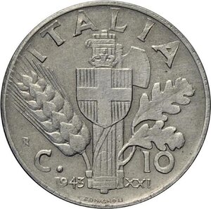 reverse: Repubblica Sociale Italiana (1943-1945), 10 Centesimi 1943 Aosta, RRRR Ac 19,5 mm 2,96 g. Furono coniati 32 esemplari di questa moneta sperimentale, di cui 20 inviati alla Direzione Generale del Tesoro di Brescia e 12 restituiti, dopo la guerra, alla Zecca di Roma insieme ai macchinari utilizzati ad Aosta. Di questi ultimi pezzi, 10 furono deformati e 2 consegnati al Museo della Zecca di Roma, dove si trovano tutt ora con il cartellino di catalogazione originale con la dizione 