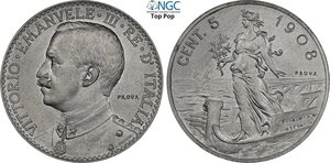 obverse: Regno d Italia, Vittorio Emanuele III (1900-1943), 5 Centesimi 1908 Prova in Alluminio, RRRR Pag-361 Sim-249/1 Al 25 mm 1,60 g. Per questo progetto venne usato il conio del dritto del 4 bese e fu coniato nel 1917 dove vi era necessità di sostituire l utilizzo del rame, assorbito della necessità belliche, con un metallo alternativo. Di grande rarità e conservazione eccezionale, In Slab NGC MS67 Top Pop! (cert. 663565011 unique census)
				