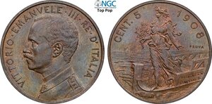 obverse: Regno d Italia, Vittorio Emanuele III (1900-1943), 5 Centesimi 1908 Prova, RRRR Pag-358 Cu 25 mm 5,00 g, In Slab NGC MS64 BN Top Pop! (cert. 6643516008)
				