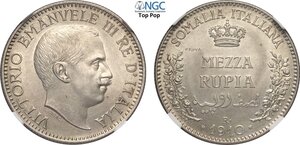 obverse: Regno d Italia, Vittorio Emanuele III Colonia Somalia (1909-1925), Mezza Rupia 1910 Prova sabbiata, RRRR Mont-762 Ag 24 mm 5,83 g, di impareggiabile qualità, in Slab NGC PF67 Top Pop! (cert. 2811707010)
				