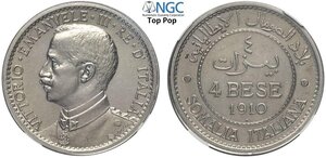 obverse: Regno d Italia, Vittorio Emanuele III Colonia Somalia (1909-1925), 4 Bese 1910 Prova in Nickel, RRRRR Pag-399 Sim-324/1 KM-PR5, Ni 31 mm, prova di grande rarità, in slab NGC PF65 (cert. 6635663004 unique census and Top Pop!)
				