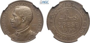 obverse: Regno d Italia, Vittorio Emanuele III Colonia Somalia (1909-1925), 2 Bese 1909 Prova sabbiata, RR Pag-(cfr. 400) Mont-782 Cu 25 mm 5 g, in slab NGC MS63 BN Matte (cert. 6647292001 second best grade)
				