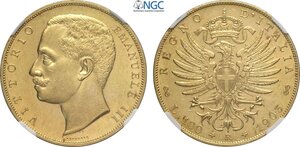 obverse: Regno d Italia, Vittorio Emanuele III (1900-1943), 100 Lire 1903, RR Au 35 mm, qualità superiore alla media, in Slab NGC MS62
				