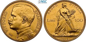 obverse: Regno d Italia, Vittorio Emanuele III (1900-1943), 100 Lire 1912, RR Au 35 mm 32,25 g, in Slab NGC MS62
				