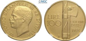 obverse: Regno d Italia, Vittorio Emanuele III (1900-1943), 100 Lire 1923, Rara Au 35 mm 32,25 g, di ottima qualità, in Slab NGC MS62 Matte
				