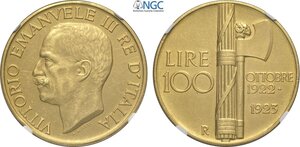 obverse: Regno d Italia, Vittorio Emanuele III (1900-1943), 100 Lire 1923, Rara Au 35 mm 32,25 g, in Slab NGC AU58 Matte
				