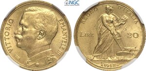 obverse: Regno d Italia, Vittorio Emanuele III (1900-1943), 20 Lire 1912, Rara Au 21 mm 6,45 g, in Slab NGC MS62
				