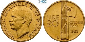 obverse: Regno d Italia, Vittorio Emanuele III (1900-1943), 20 Lire 1923, Rara Au 21 mm 6,45 g, in Slab NGC AU55
				