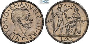 obverse: Regno d Italia, Vittorio Emanuele III (1900-1943), 20 Lire 1927 anno V, tiratura di 100 esemplari, RRR Ag 35,5 mm 20 g, di alta conservazione, in Slab NGC MS65
				