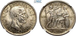 obverse: Regno d Italia, Vittorio Emanuele III (1900-1943), 20 Lire 1927 anno VI, Ag 35,5 mm 20 g, di eccezionale conservazione, in Slab NGC MS66
				