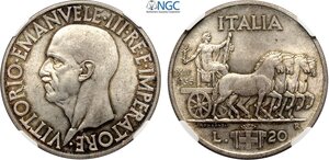 obverse: Regno d Italia, Vittorio Emanuele III (1900-1943), 20 Lire 1936, Rara Ag 35,5 mm 20 g, di gran qualità, in Slab NGC MS64
				