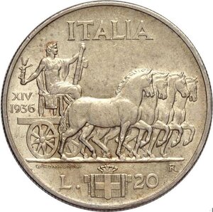 reverse: Regno d Italia, Vittorio Emanuele III (1900-1943), 20 Lire 1936, Rara Ag 35,5 mm 20 g, q.SPL
				