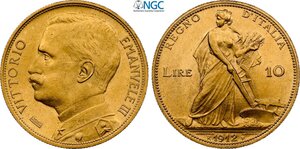 obverse: Regno d Italia, Vittorio Emanuele III (1900-1943), 10 Lire 1912, RRR Au 19 mm 3,22 g, in Slab NGC MS64
				