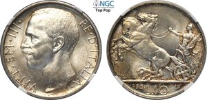 obverse: Regno d Italia, Vittorio Emanuele III (1900-1943), 10 Lire 1930, Rara Ag 27 mm 10 g, in Slab NGC MS65 Top Pop! (cert. 6641481008)
				