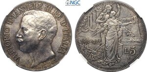 obverse: Regno d Italia, Vittorio Emanuele III (1900-1943), 5 Lire 1911, Rara Ag 37 mm 25 g, in Slab NGC MS62
				