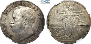 obverse: Regno d Italia, Vittorio Emanuele III (1900-1943), 5 Lire 1911, Rara Ag 37 mm 25 g, in Slab NGC MS61
				