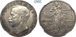 obverse: Regno d Italia, Vittorio Emanuele III (1900-1943), 5 Lire 1911, Rara Ag 37 mm 25 g, in Slab NGC UNC-cleaned
				