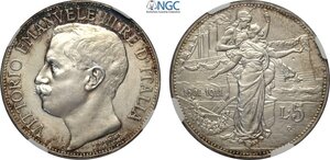 obverse: Regno d Italia, Vittorio Emanuele III (1900-1943), 5 Lire 1911, Rara Ag 37 mm 25 g, in Slab NGC UNC-rim filing
				