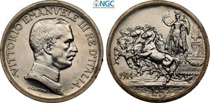 obverse: Regno d Italia, Vittorio Emanuele III (1900-1943), 5 Lire 1914, RR Ag 37 mm 25 g, in Slab NGC MS61
				