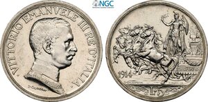 obverse: Regno d Italia, Vittorio Emanuele III (1900-1943), 5 Lire 1914, RR Ag 37 mm 25 g, in Slab NGC AU58
				