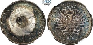 obverse: Regno d Italia, Vittorio Emanuele III (1900-1943), 2 Lire 1906, Ag 27 mm 10 g, di eccezionale conservazione con bellissima patina a bersaglio, ex asta Montenapoleone 5 del 1984, ex asta NAC 129 del 2021 collezione ANPB, in Slab NGC MS66 Top Pop! (cert. 5782323007)
				