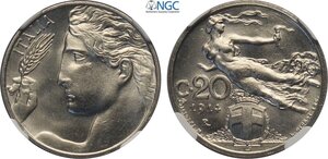 obverse: Regno d Italia, Vittorio Emanuele III (1900-1943), 20 Centesimi 1914, Ni 21,4 mm, di eccezionale qualità specie per questo millesimo che risulta il più raro da reperire in alta conservazione, in Slab NGC MS67 (cert. 8234205005)
				