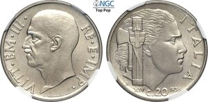 obverse: Regno d Italia, Vittorio Emanuele III (1900-1943), 20 Centesimi 1936, RR Ni 21,4 mm 4 g, di eccezionale qualità, in Slab NGC MS67 Top Pop! (cert. 6635682001)
				