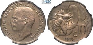 obverse: Regno d Italia, Vittorio Emanuele III (1900-1943), 10 Centesimi 1919, Rara Cu 22,5 mm 5,34 g, in Slab NGC MS64 BN
				