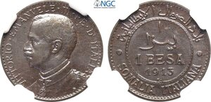 obverse: Regno d Italia, Vittorio Emanuele III Colonia Somalia (1909-1925), Besa 1909, Cu 20 mm, in Slab NGC MS63 BN
				