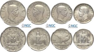 obverse: Regno d Italia, Vittorio Emanuele III (1900-1943), Lotto di 4 monete rare in Slab NGC: 5 Lire 1926 (MS63), 2 Lire 1936 (AU58), Lira 1936 (MS62), 50 Centesimi 1936 (MS64)
				