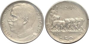 obverse: Regno d Italia, Vittorio Emanuele III (1900-1943), Lotto di 2 monete da 50 Centesimi: 1924 C/rigato (Rara, Sigillata Bazzoni senza conservazione, q.SPL), 1925 C/rigato (pulita, SPL)
				