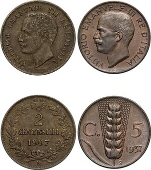 reverse: Regno d Italia, Vittorio Emanuele III (1900-1943), Lotto di 3 monete: 2 Centesimi 1907 (RR, q.SPL), 5 Centesimi 1913 senza punto (RR, BB-SPL), 5 Centesimi 1937 (Rara, q.FDC)
				