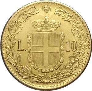 reverse: Regno d Italia, Umberto I (1878-1900), Fantasy 10 Lire 1889 in oro, Au 19 mm 3,21 g, FDC
				