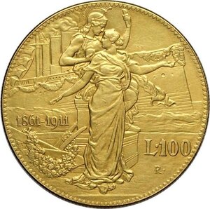 reverse: Regno d Italia, Vittorio Emanuele III (1900-1943), Fantasy 100 Lire 1911 in oro, Au 37 mm 31,91 g, SPL
				