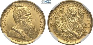 obverse: Albania, Ahmet Bey Zogu (1925-1939), 20 Franga Ari 1927 Skanderbeg, Vienna Mint, Au 21 mm 6,45 g, qualità eccezionale, in Slab NGC MS66
				