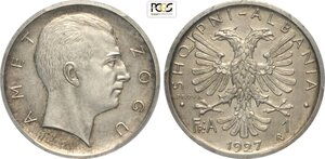 obverse: Albania, Ahmet Bey Zogu (1925-1939), Frang Ar 1927 Prova, Roma Mint, KM-PrA25 Ag 23 mm 5,00 g, in Slab PCGS SP63
				