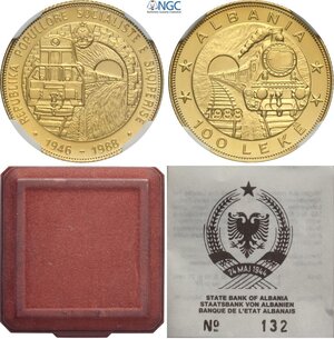 obverse: Albania, Socialist Republic (1945-1990), 100 Leke 1988, RRR Varesi-195, Au 21 mm 6,45 g, with original box and certificate, in Slab NGC PF68 Ultra Cameo
				