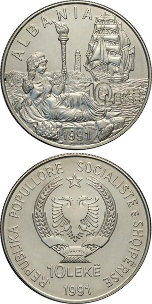 obverse: Albania, Fourth Republic (1990-), Set 10 Leke 1991 (2), KM-68-69, Ag 40 mm 52,50 g, FDC
				