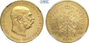 obverse: Austria, Franz Joseph I (1848-1916), 100 Corona 1914, mintage: 1195, Au 37 mm 33,87 g, in Slab NGC PL61 (Prooflike)
				