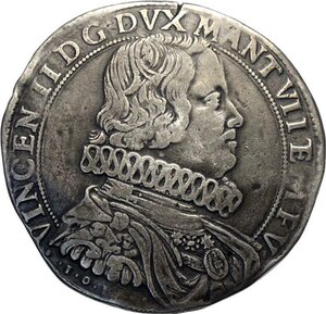 obverse: Mantova, Vincenzo II Gonzaga (1627), Ducatone 1627, RRR MIR-622 Ag 42 mm 30,38 g, un paio di colpi al bordo, BB
				