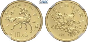 obverse: China, People s Republic (1949-), 10 Yuan 1997 Unicorn, Mintage: 5000, Au (.999) 18,5 mm 3,11 g (1/10 Oz), in Slab NGC PF65 Ultra Cameo
				