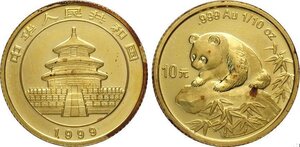 obverse: China, People s Republic (1949-), Lot of 2 Gold Panda series 1999: 10 Yuan (1/10 Oz), 5 Yuan (1/20 Oz), FDC/Proof
				