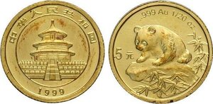 reverse: China, People s Republic (1949-), Lot of 2 Gold Panda series 1999: 10 Yuan (1/10 Oz), 5 Yuan (1/20 Oz), FDC/Proof
				