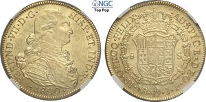 obverse: Colombia, Ferdinand VII (1808-1821), 8 Escudos 1820-NR, Nuevo Reino mint, Au 37 mm, conservazione eccezionale per il tipo, in Slab NGC MS63 Top Pop! (Cert. 8234062014)
				