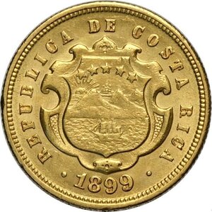 obverse: Costa Rica, First Republic (1848-1948), 5 Colones 1899, Au 18 mm 3,87 g, SPL
				