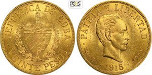 obverse: Cuba, First Republic (1902-1906, 1909-1959), 20 Pesos 1915, Philadelphia Mint, Au 33 mm 33,43 g, in Slab PCGS MS62
				