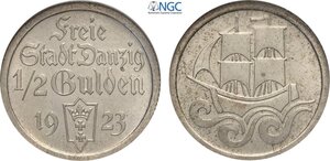 obverse: Danzig, Free City (1920-1939), Proof 1/2 Gulden 1923, Ag 20 mm 2,5 g, in Slab NGC PF64
				