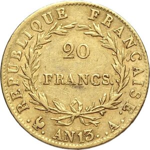 reverse: France, Napoleon I (1799-1814), 20 Francs AN 13-A, Paris mint, Au 21 mm 6,42 g, BB+
				