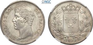 obverse: France, Charles X (1824-1830), 5 Francs 1829-MA, Marseille mint, Ag 37 mm 25 g, in Slab NGC MS62 (cert. 6643812002 second best grade)
				